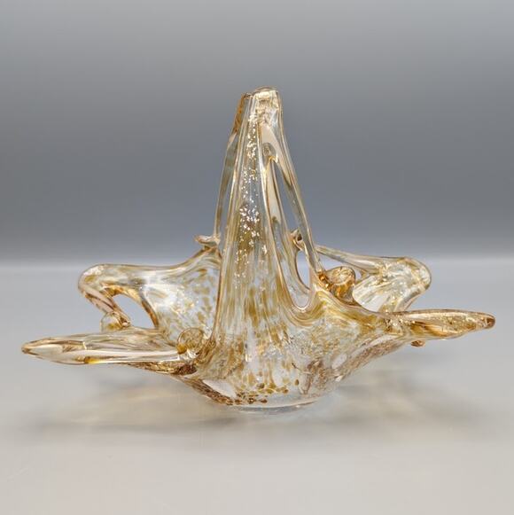 Murano Other - Vintage Murano Style Amber Gold Fleck Art Glass Basket Dish MCM Fall Table Decor